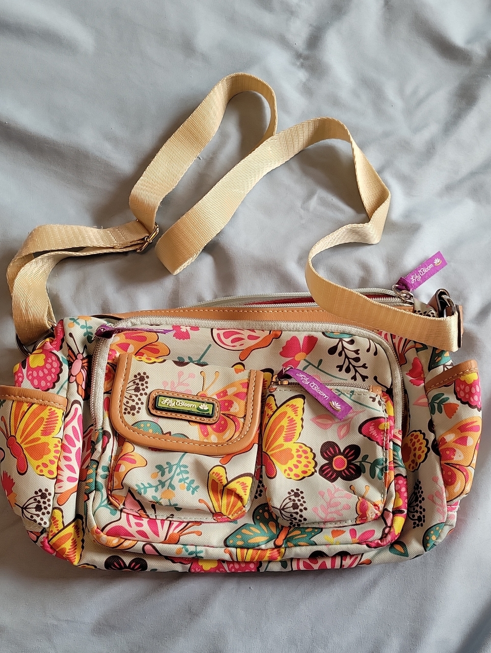 Lily Bloom Cream Crossbody Bag with Pink and Yellow Floral & Butterfly Print